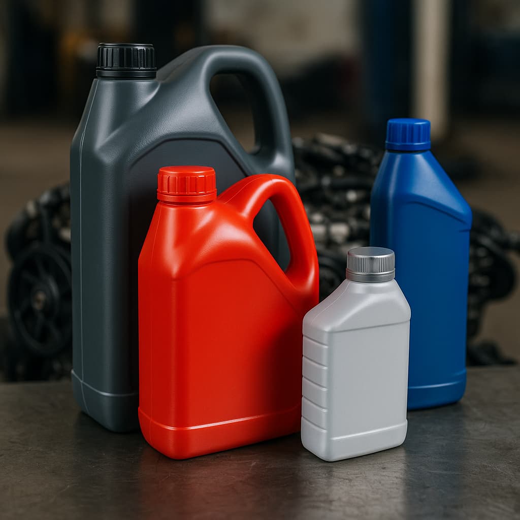 Průmyslové oleje a maziva - barevné obaly různých velikostí